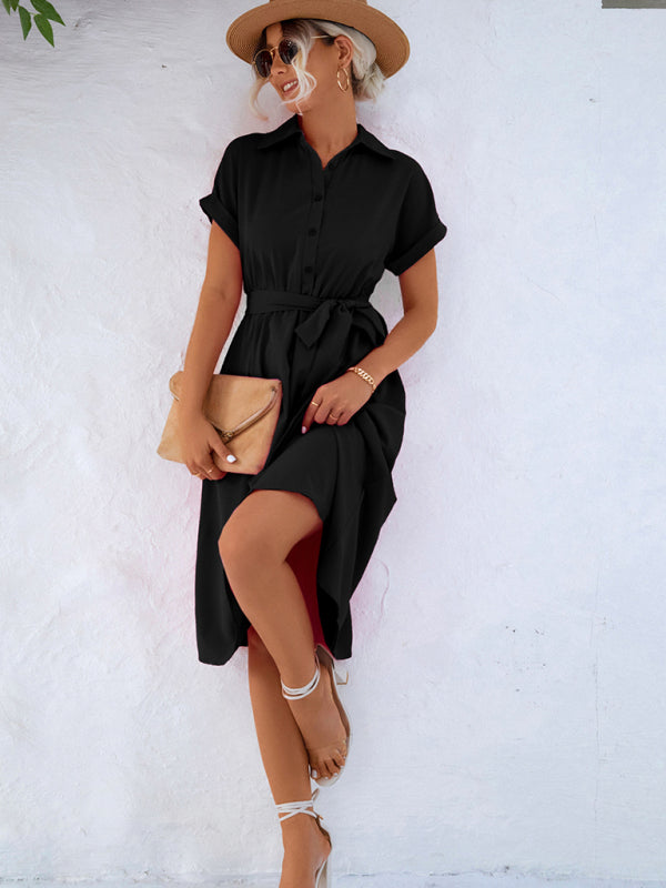 Blue Zone Planet | Elegant Button Shirt Waist Tie Dress BLUE ZONE PLANET
