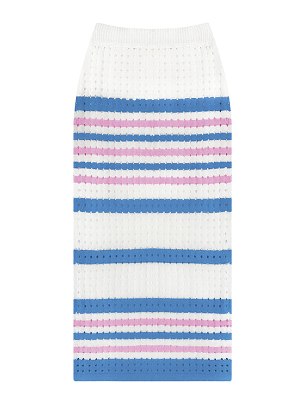 Striped Hollow Short Vest + Slit Long Skirt Two-Piece Suit kakaclo