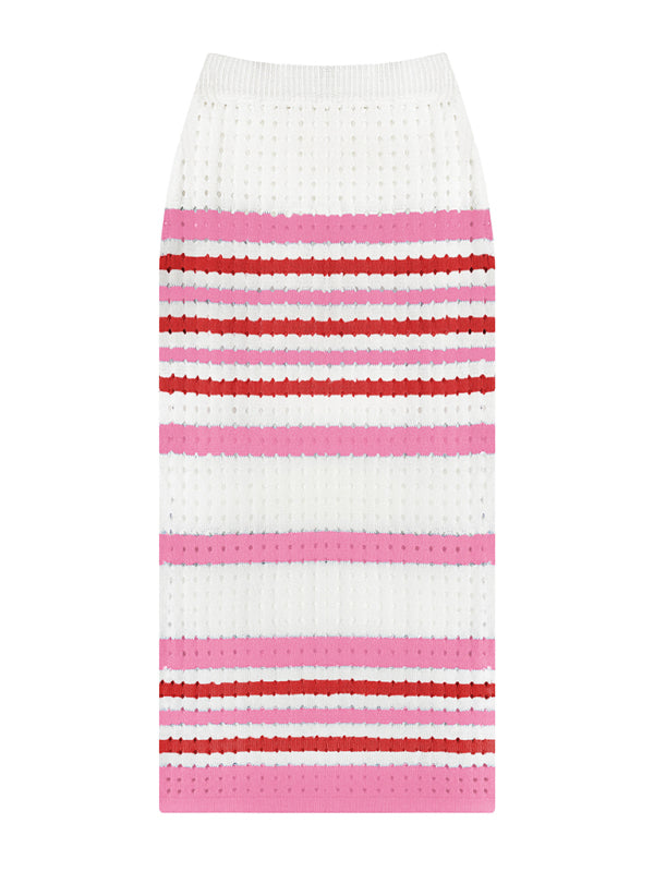 Striped Hollow Short Vest + Slit Long Skirt Two-Piece Suit kakaclo