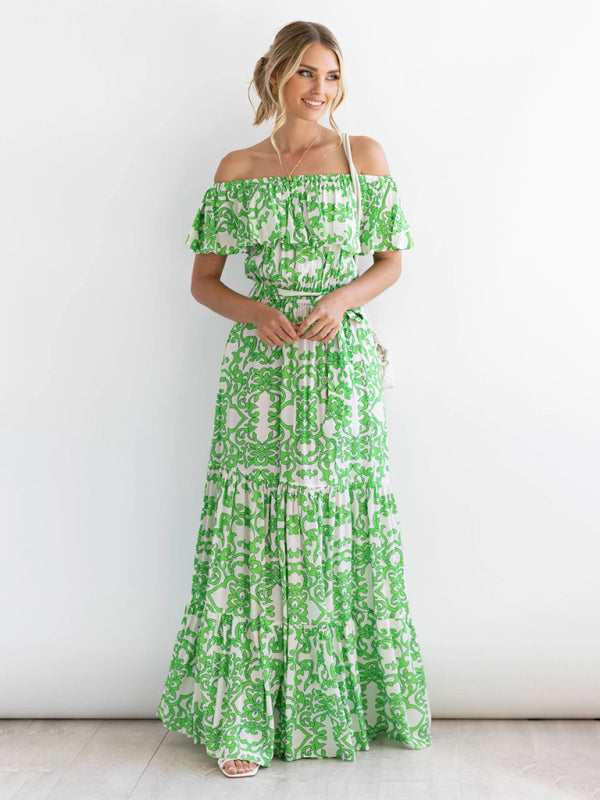 Printed Boat Neck Tie Ruffle Trim Long Swing Dress kakaclo
