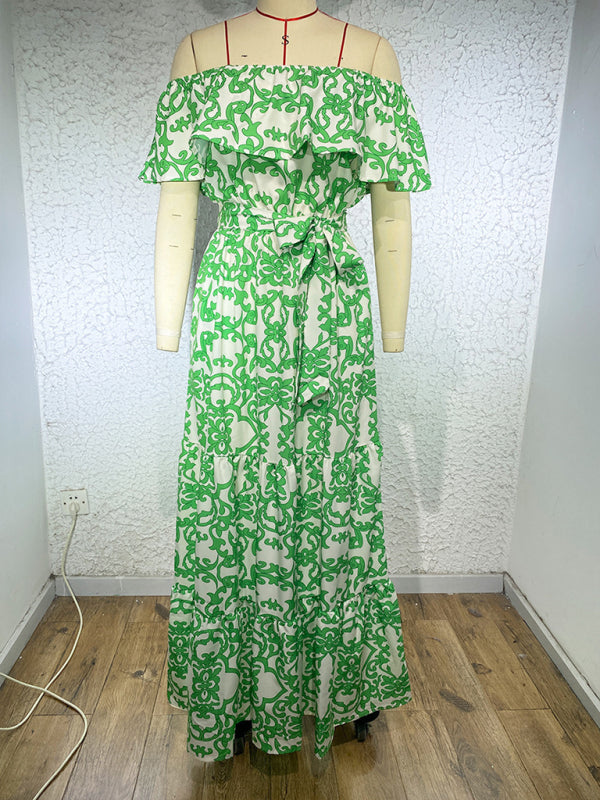 Printed Boat Neck Tie Ruffle Trim Long Swing Dress kakaclo