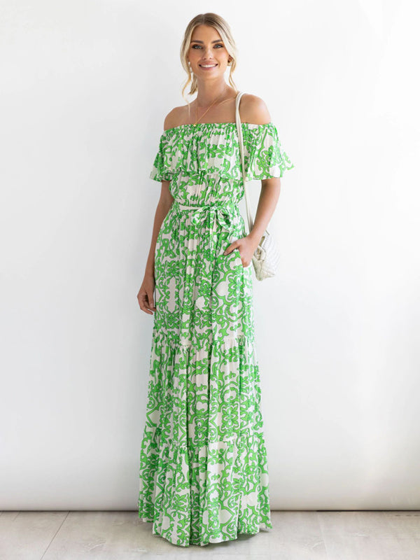 Printed Boat Neck Tie Ruffle Trim Long Swing Dress kakaclo