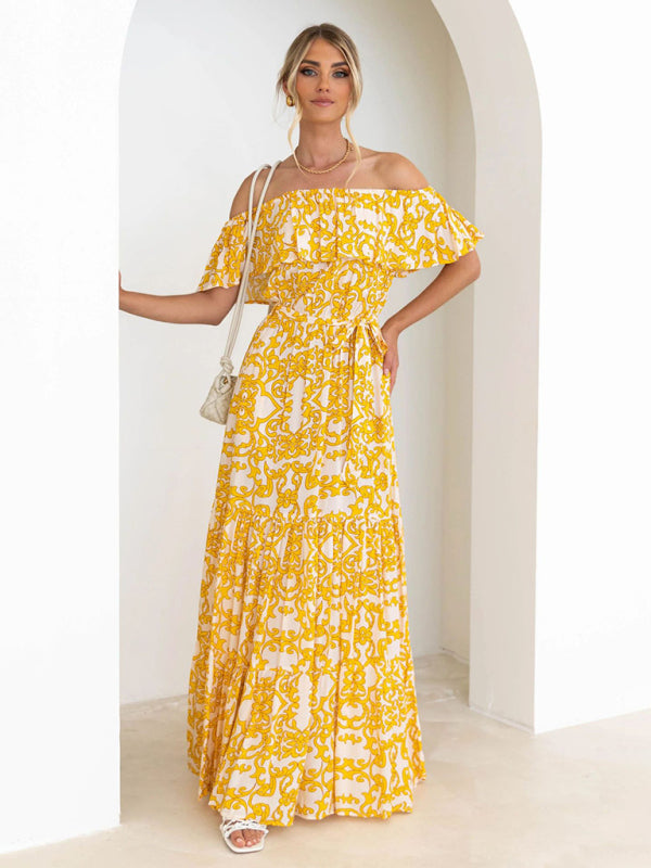 Printed Boat Neck Tie Ruffle Trim Long Swing Dress kakaclo