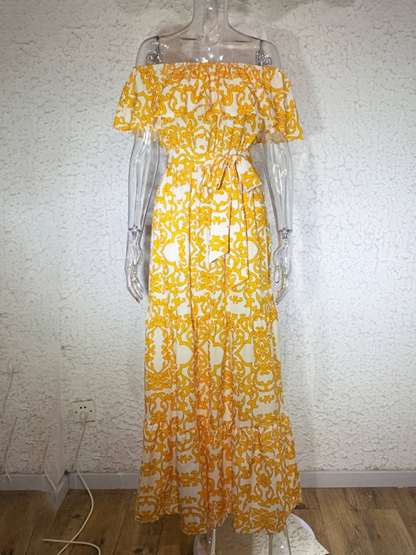 Printed Boat Neck Tie Ruffle Trim Long Swing Dress kakaclo