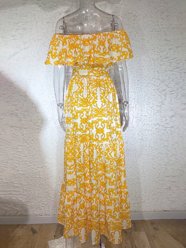 Printed Boat Neck Tie Ruffle Trim Long Swing Dress kakaclo