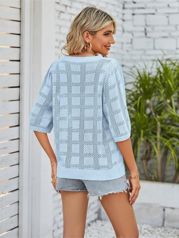 Blue Zone Planet | Solid Color Round Neck Hollow Sunscreen Knitted Sweater Sweater BLUE ZONE PLANET