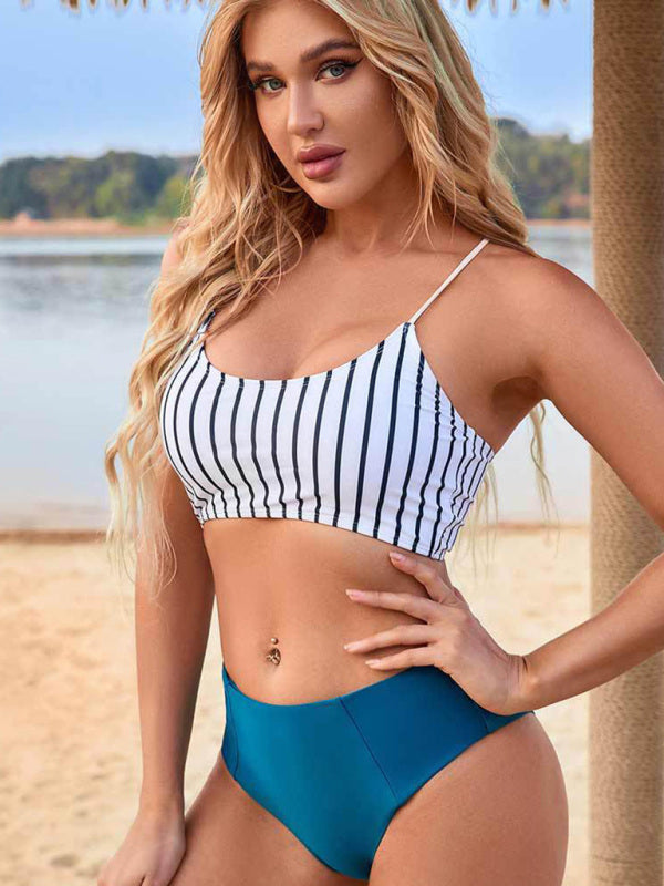 Blue Zone Planet |  New high waist split bikini skinny swimsuit striped beach vacation bikini BLUE ZONE PLANET