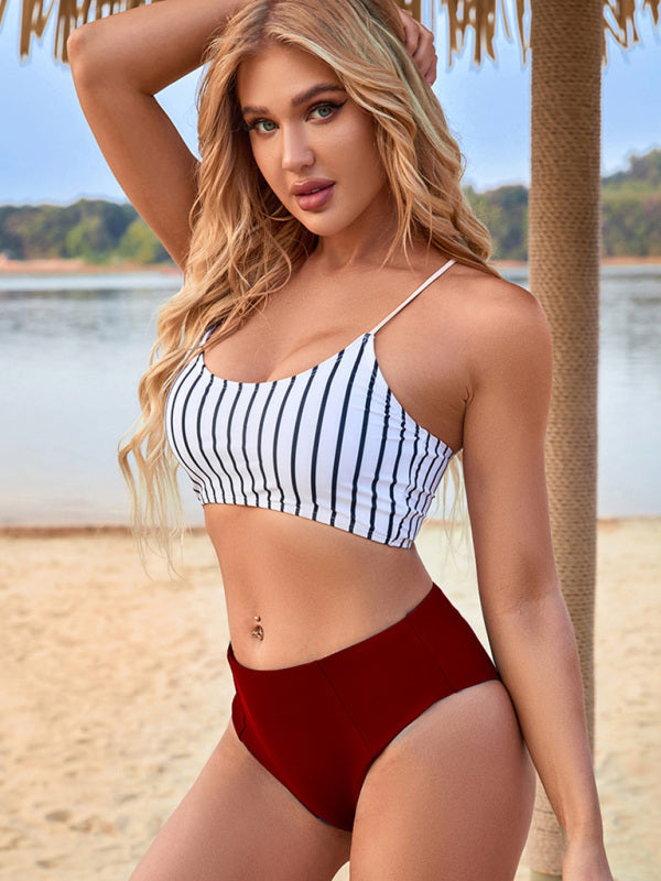 Blue Zone Planet | New high waist split bikini skinny swimsuit striped beach vacation bikini BLUE ZONE PLANET