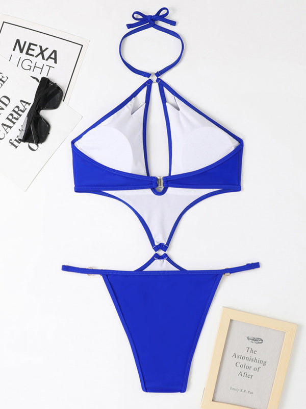 one-piece multicolor hollow pearl chain halter neck swimsuit kakaclo