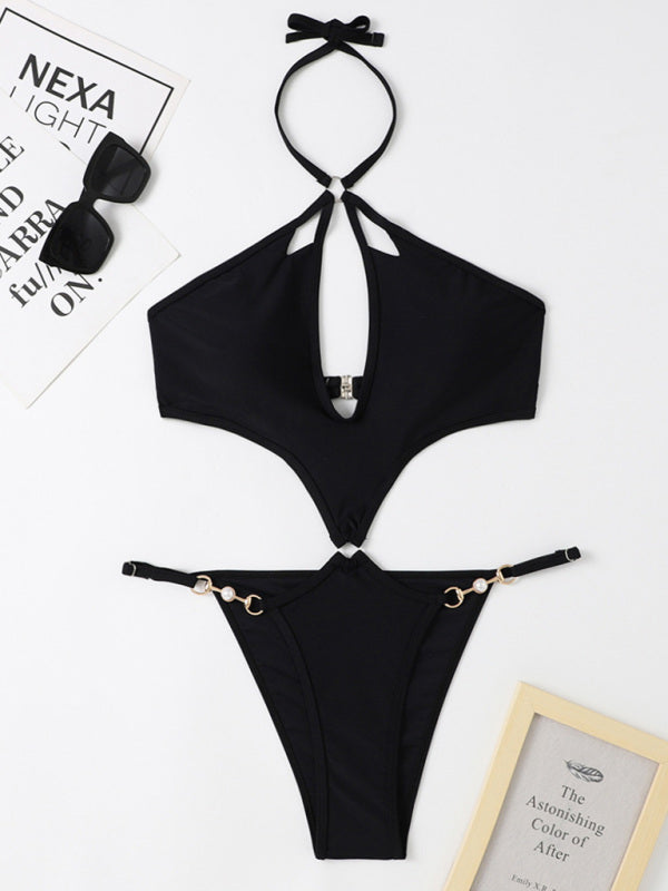 one-piece multicolor hollow pearl chain halter neck swimsuit kakaclo