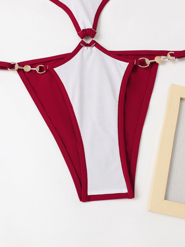 one-piece multicolor hollow pearl chain halter neck swimsuit kakaclo