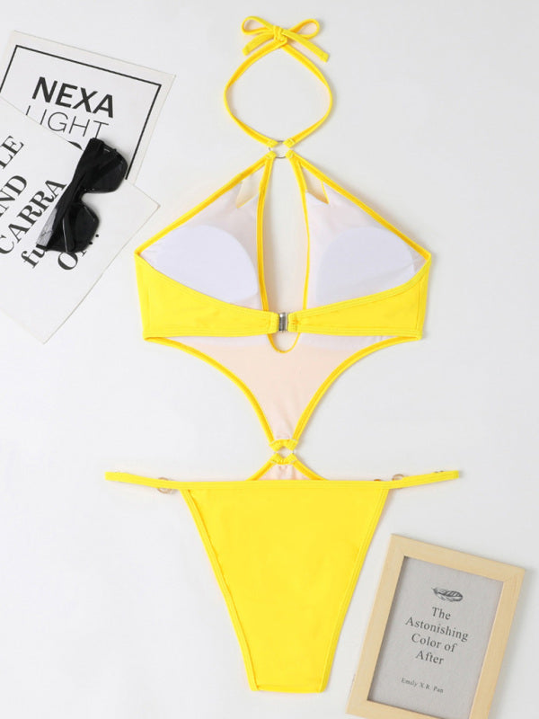 one-piece multicolor hollow pearl chain halter neck swimsuit kakaclo