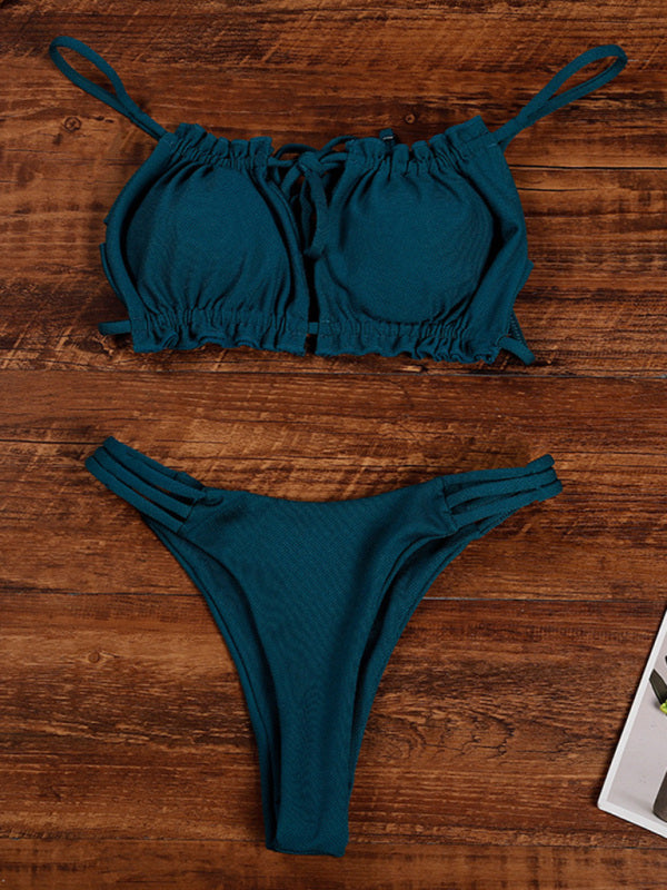 Blue Zone Planet | Bikini Solid Color Halter Hollow Beach Vacation Ladies Swimwear BLUE ZONE PLANET