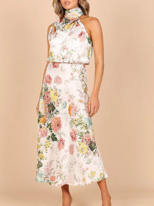 Blue Zone Planet |  Temperament Ladies Sleeveless Halter Neck Printed Satin Dress BLUE ZONE PLANET