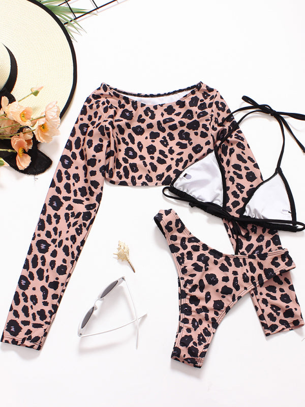 Emily's Braided Rope Leopard Print Long-Sleeved Split Three-Piece Swimsuit kakaclo