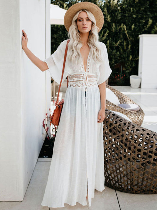 Blue Zone Planet |  Beach blouse hollow waist lace anti-sunshine cardigan holiday dress skirt BLUE ZONE PLANET