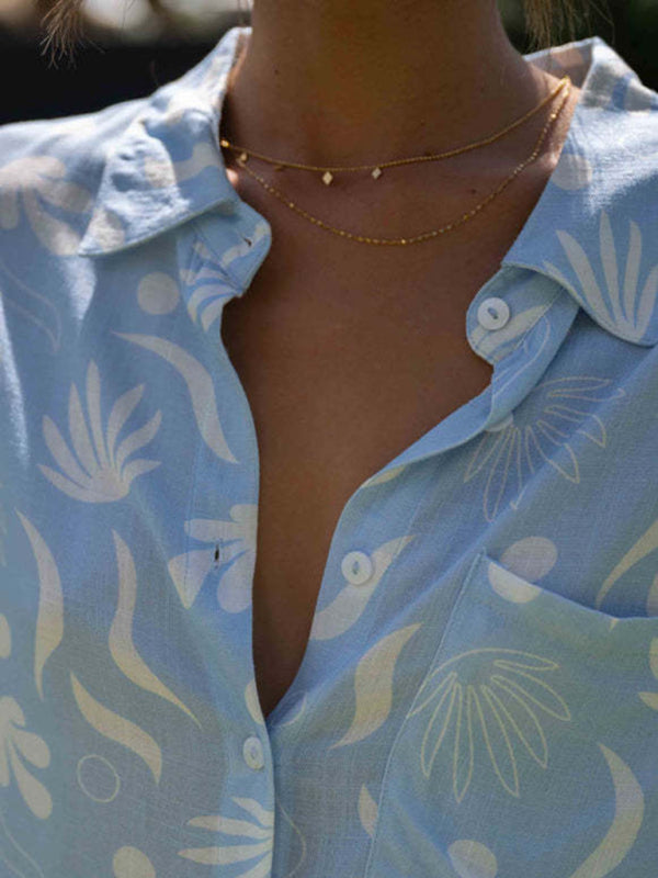 Blue Zone Planet | Lapel Printed Sleeve Top Shorts Two-Piece Set BLUE ZONE PLANET