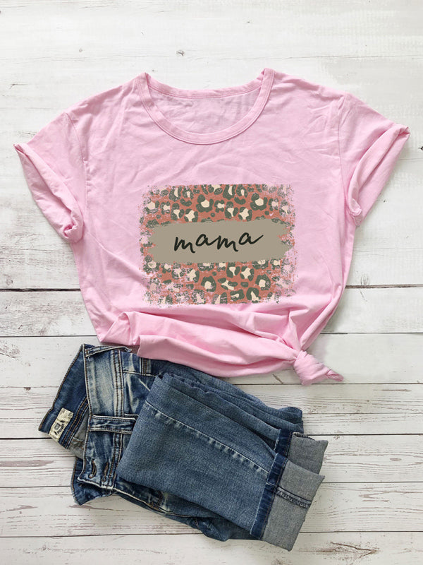 Women's Knitted Round Neck Leopard Print Mother's Day Short Sleeve T-Shirt kakaclo
