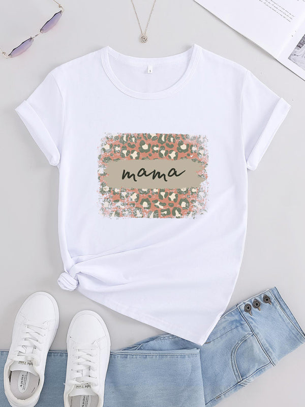 Women's Knitted Round Neck Leopard Print Mother's Day Short Sleeve T-Shirt kakaclo