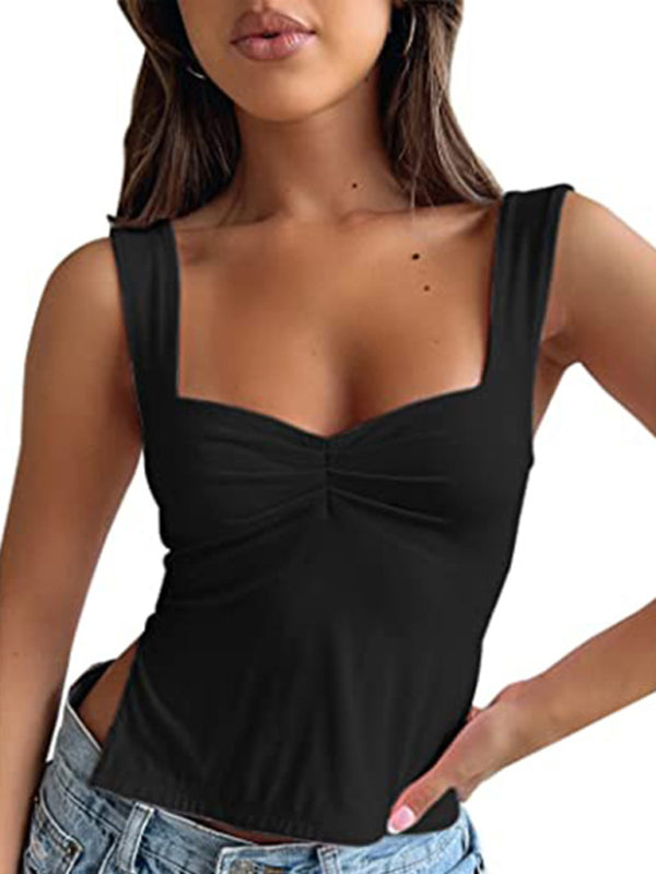 Solid Color Retro Wide Straps Slim Chest Pleated Tank Top kakaclo