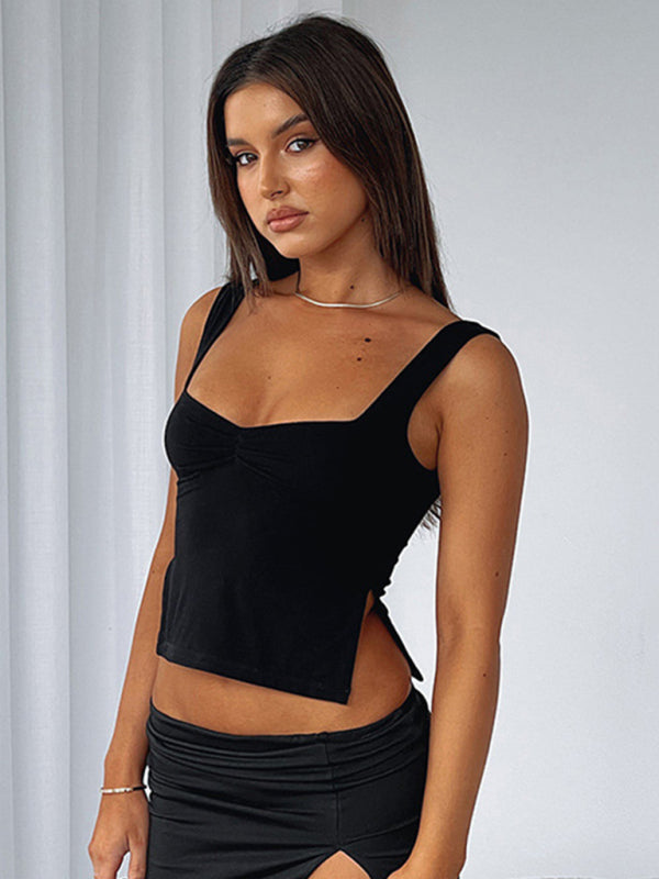 Solid Color Retro Wide Straps Slim Chest Pleated Tank Top kakaclo