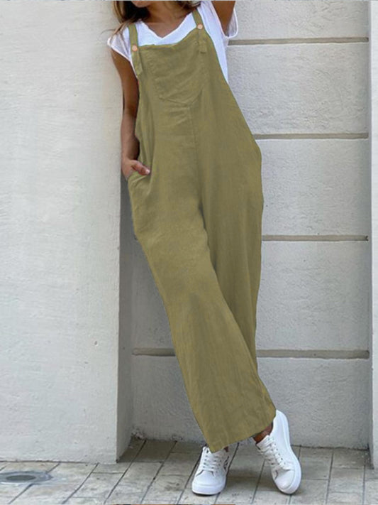 Solid color long jumpsuit with suspenders kakaclo