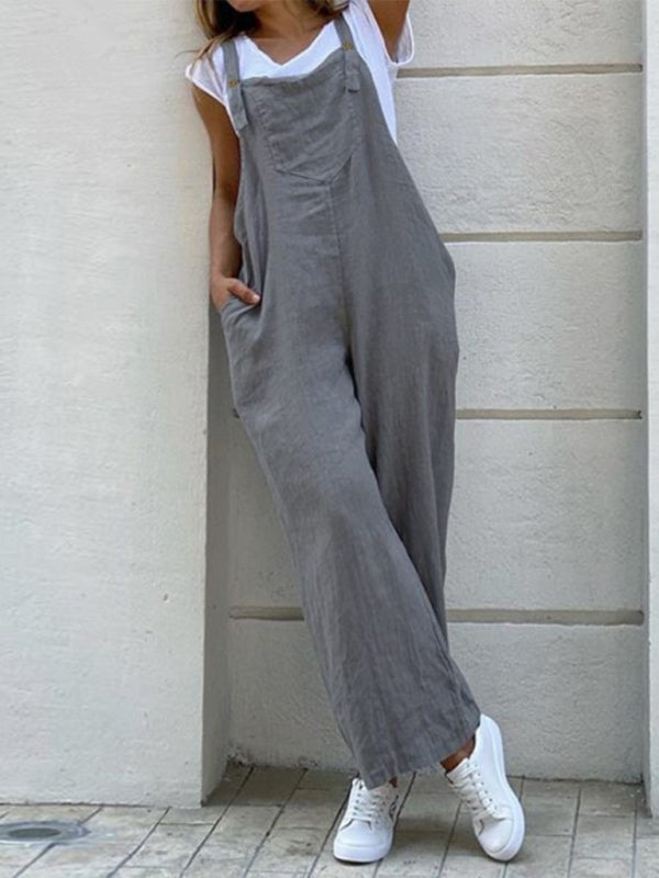 Solid color long jumpsuit with suspenders kakaclo