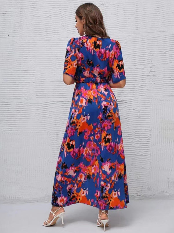 printed short-sleeved V-neck pullover irregular beach dress kakaclo