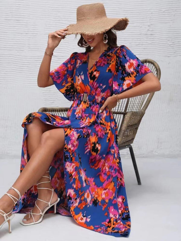 printed short-sleeved V-neck pullover irregular beach dress kakaclo