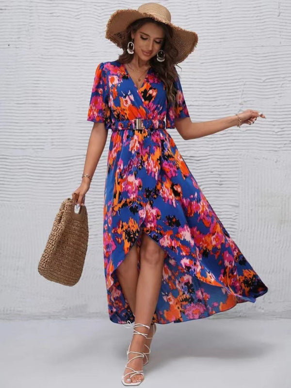printed short-sleeved V-neck pullover irregular beach dress kakaclo