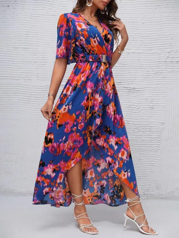 printed short-sleeved V-neck pullover irregular beach dress kakaclo