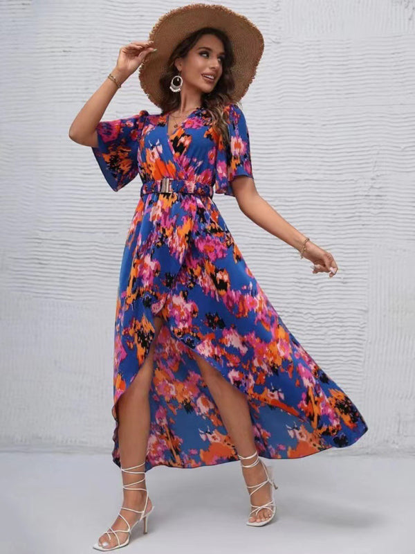 printed short-sleeved V-neck pullover irregular beach dress kakaclo