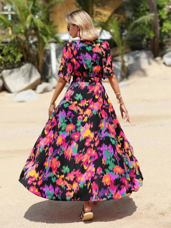printed short-sleeved V-neck pullover irregular beach dress kakaclo