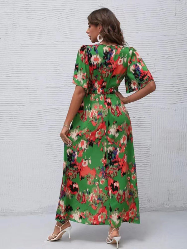 printed short-sleeved V-neck pullover irregular beach dress kakaclo