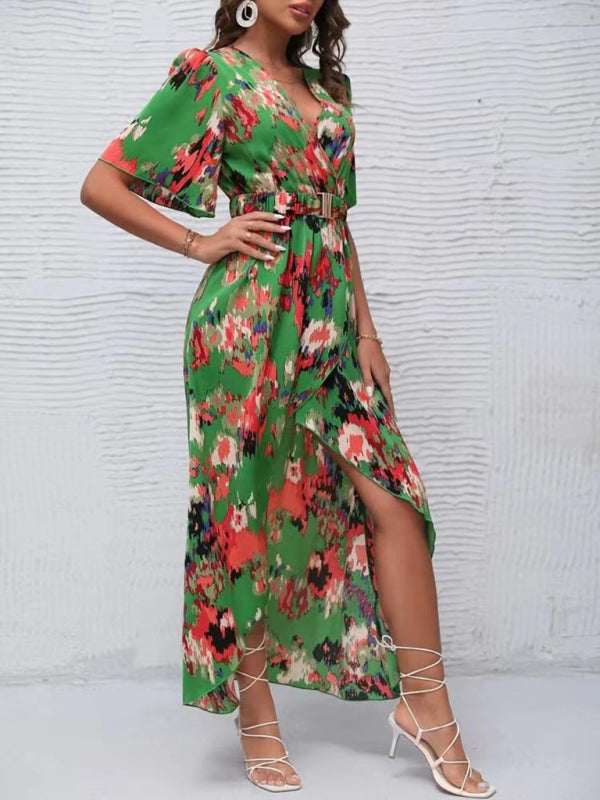 printed short-sleeved V-neck pullover irregular beach dress kakaclo