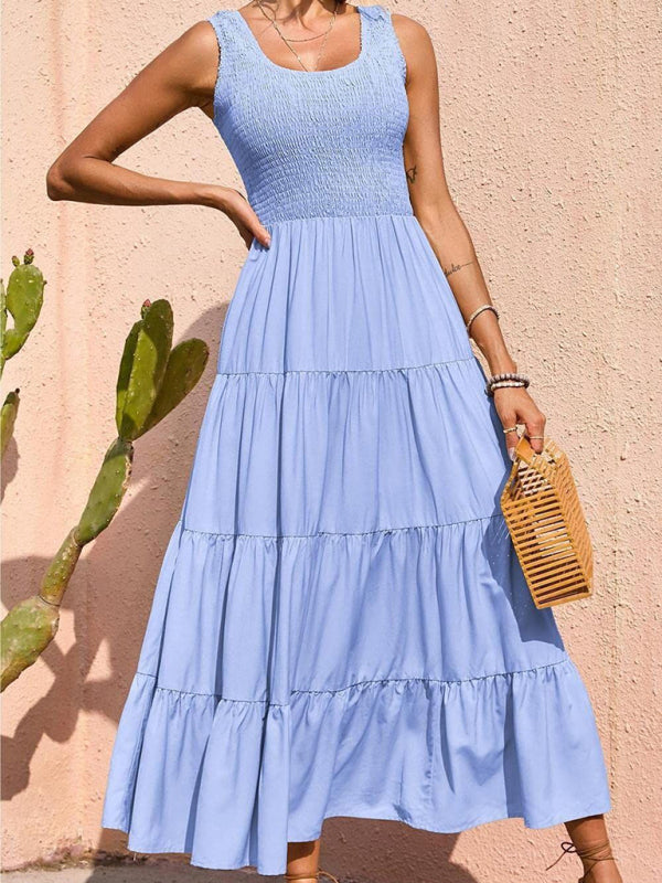 Blue Zone Planet | Ava's Solid Color Pleated Panel Sleeveless Swing Midi Dress kakaclo