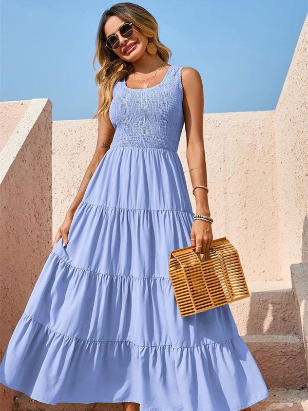 Blue Zone Planet | Ava's Solid Color Pleated Panel Sleeveless Swing Midi Dress kakaclo