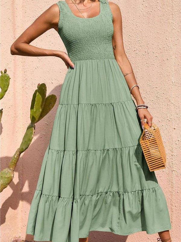 Blue Zone Planet | Ava's Solid Color Pleated Panel Sleeveless Swing Midi Dress kakaclo