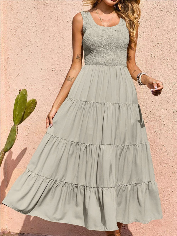 Blue Zone Planet | Ava's Solid Color Pleated Panel Sleeveless Swing Midi Dress kakaclo