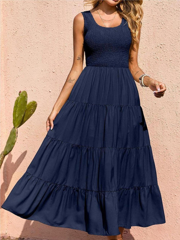Blue Zone Planet | Ava's Solid Color Pleated Panel Sleeveless Swing Midi Dress kakaclo
