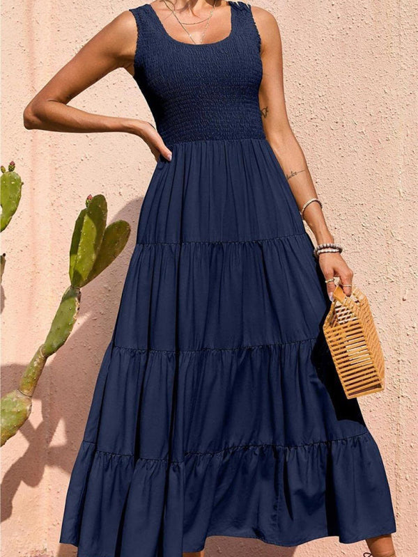Blue Zone Planet | Ava's Solid Color Pleated Panel Sleeveless Swing Midi Dress kakaclo