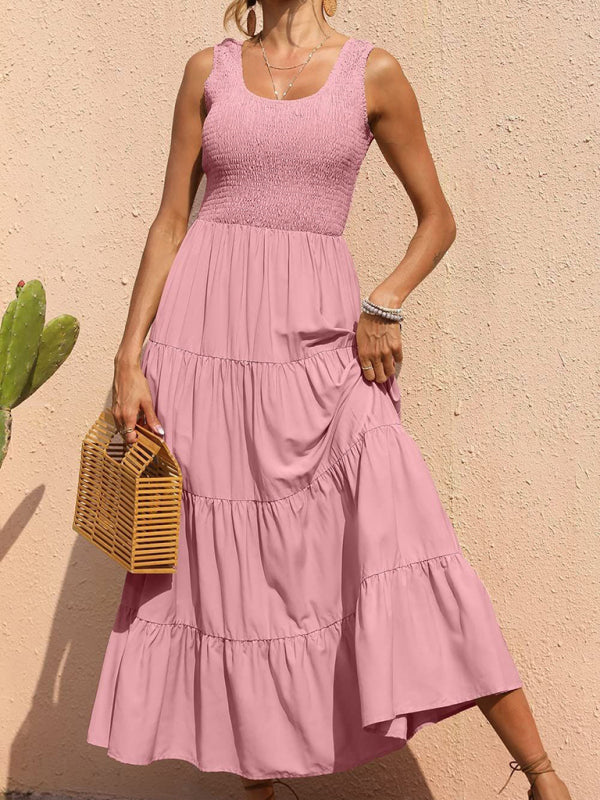 Blue Zone Planet | Ava's Solid Color Pleated Panel Sleeveless Swing Midi Dress kakaclo