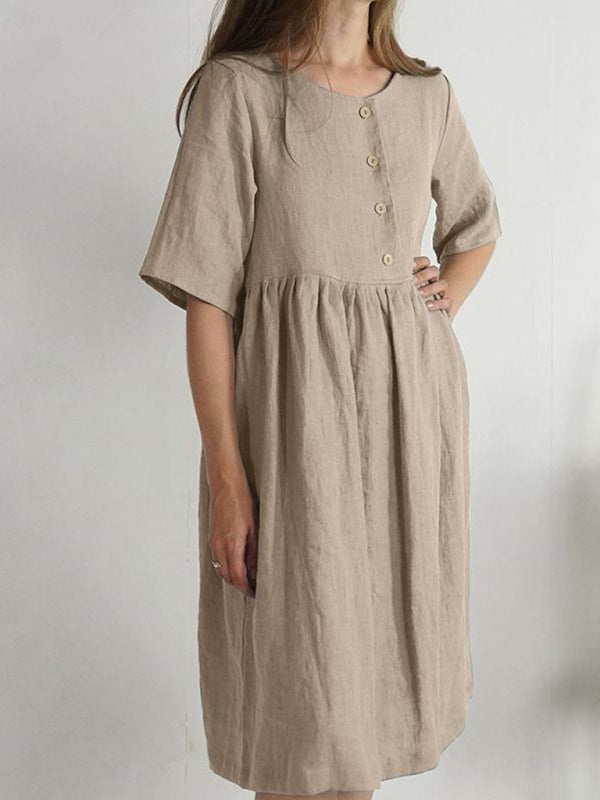 Cotton Linen Round Neck Loose Solid Color Pocket Dress BLUE ZONE PLANET