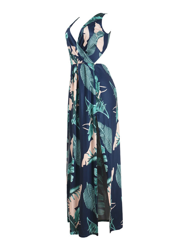Blue Zone Planet | Women's plant print slit open back deep V dress BLUE ZONE PLANET
