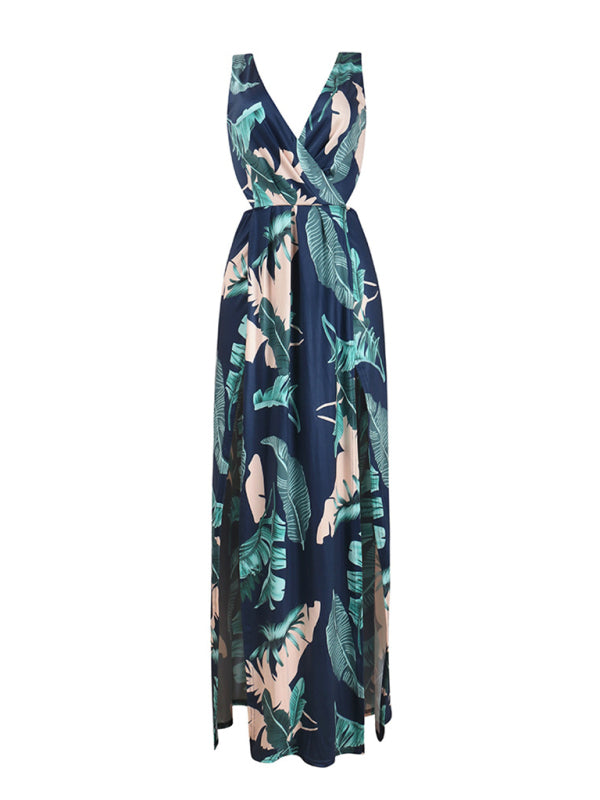Blue Zone Planet | Women's plant print slit open back deep V dress BLUE ZONE PLANET
