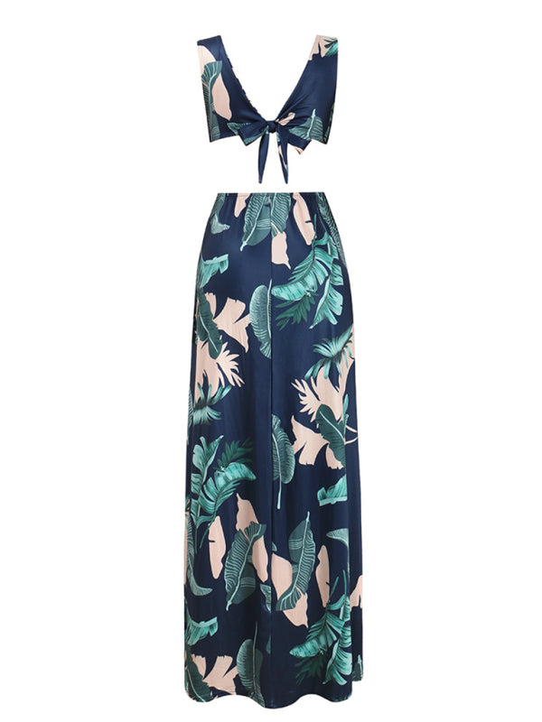 Blue Zone Planet | Women's plant print slit open back deep V dress BLUE ZONE PLANET