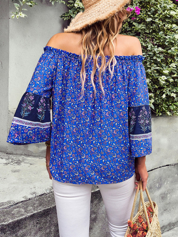 Blue Zone Planet | Bohemian Print Loose Off Shoulder Shirt BLUE ZONE PLANET