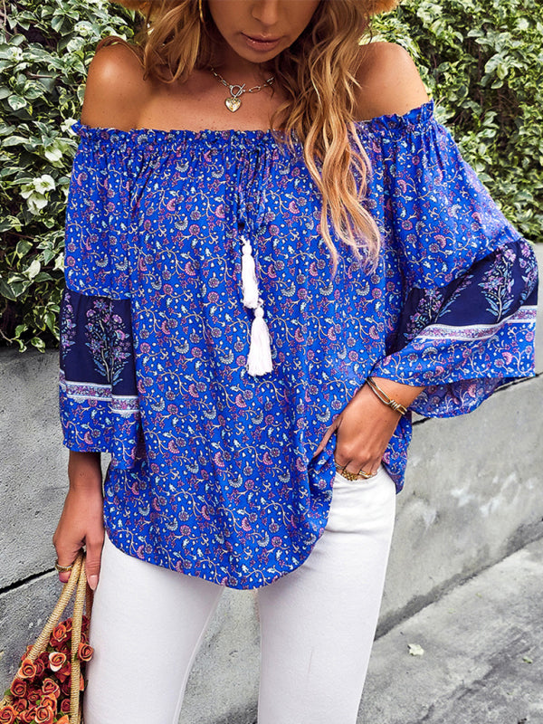 Blue Zone Planet | Bohemian Print Loose Off Shoulder Shirt BLUE ZONE PLANET