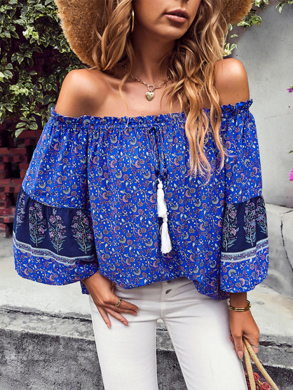 Blue Zone Planet | Bohemian Print Loose Off Shoulder Shirt BLUE ZONE PLANET