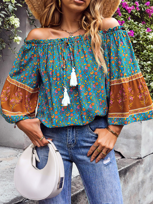 Blue Zone Planet | Bohemian Print Loose Off Shoulder Shirt BLUE ZONE PLANET